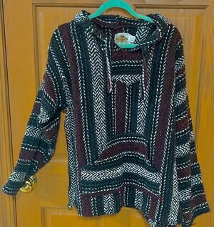 Earth Ragz XL Hooded Baja Pullover Black Burgundy White Boho Hippie